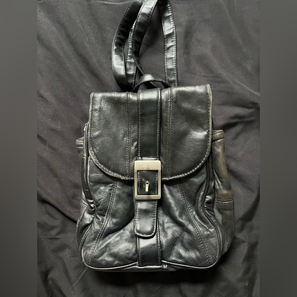 Vintage Black Leather Backpack Purse
